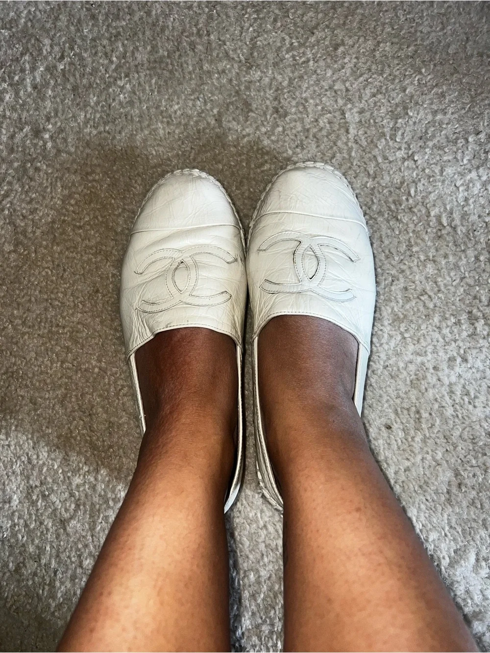 CHANEL Cream Leather Espadrille Slip-Ons with Interlocking CC